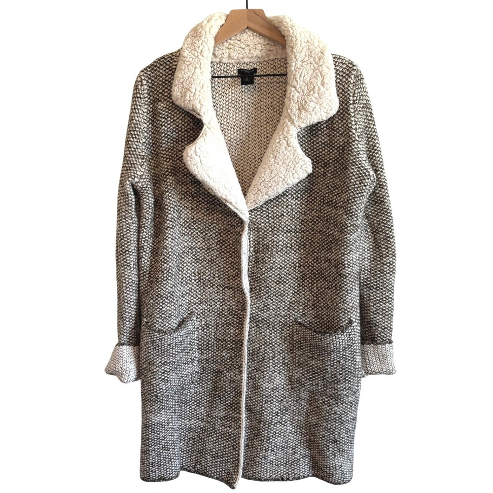 Ann Taylor Cardigan Sweater Coat Woven Neutral‎ Sherpa Collar Longline Knit M